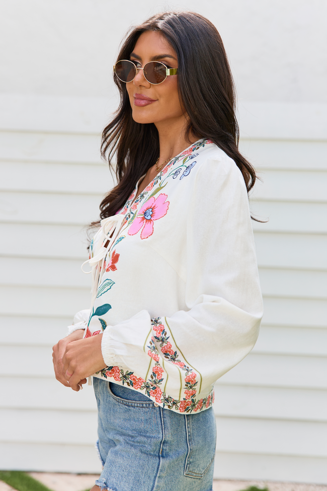 Maclyn White Floral Long Sleeve Tie Front Top